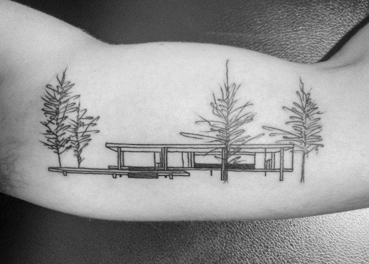 tatueringsmotiv-arkitektur-minimalistisk-hus-tatuering-plan-träd-takläggning