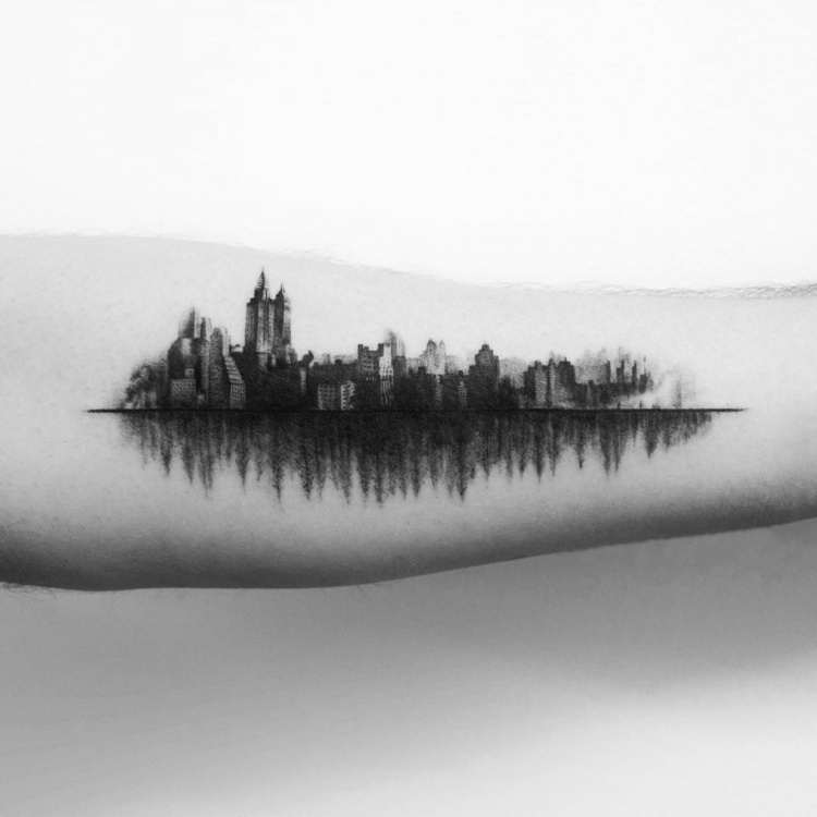 tatuering-motiv-arkitektur-romantisk-svart-stad-sjö-vatten reflektion