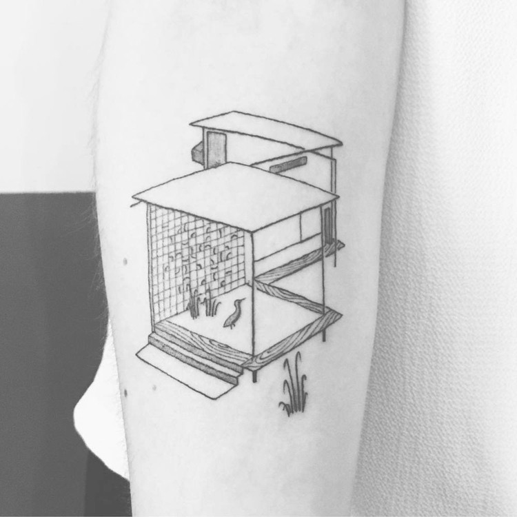 tatuering-motiv-arkitektur-gångbro-trädgård-fågel-baldakin-japansk-arkitektur