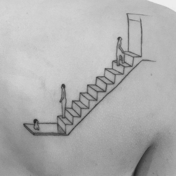 tatueringsmotiv-arkitektur-trappor-människor-barndörr-axelbröst