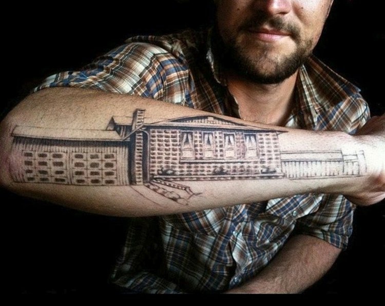 tatueringsmotiv arkitektur-vintage-hus-underarm-mening-personlig
