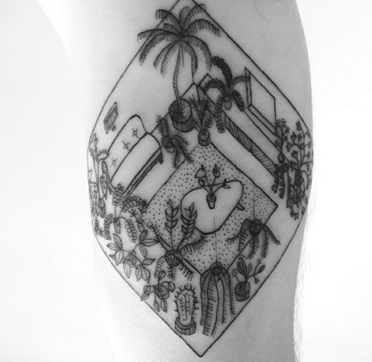 tatueringsmotiv-arkitektur-vardagsrum-3d-rum-växter-soffa