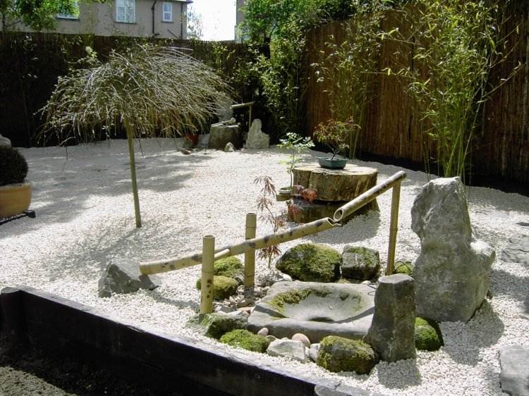Asiatisk trädgårdsdekoration bambu-fontän-vatten funktion-rockery-stenblock-bonsai-träd