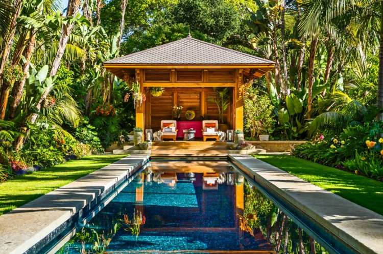 Asiatisk trädgårdsdekoration arbor-relax-hörn-pool-palm-exotiska växter