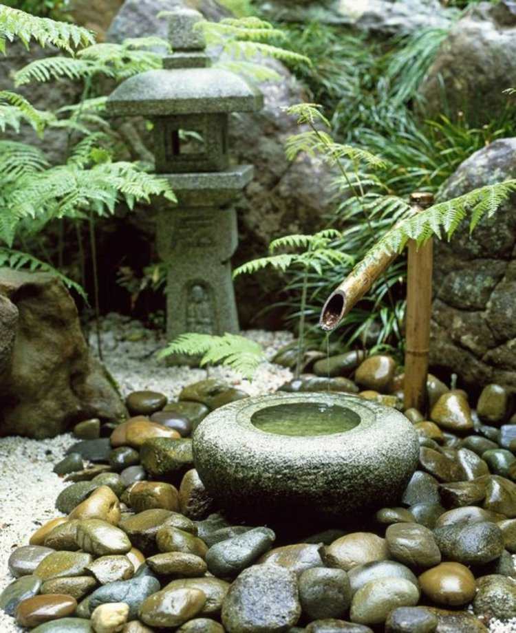 Asiatisk trädgårdsdekoration bambu-fontän-vatten funktioner-rund-sten-fyr-ormbunkar
