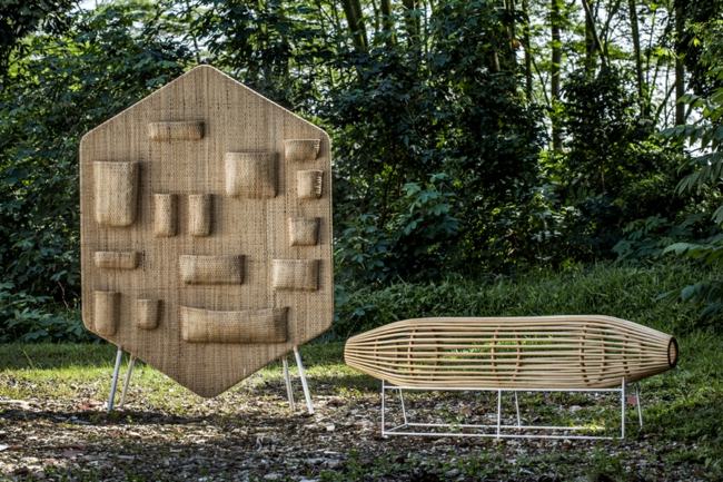 Asiatiska rottingmöbler rumdelare bänk bambu trädgård design idé