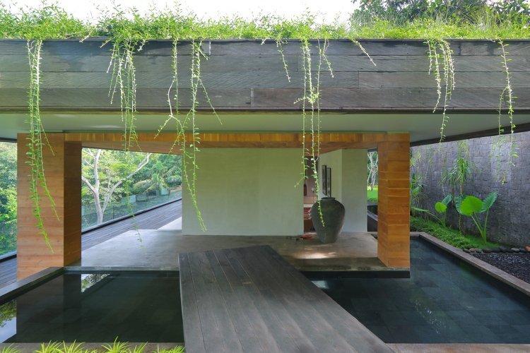 asiatisk stil levande hus ingång trädgård damm