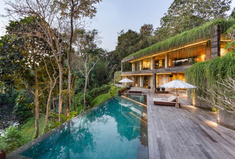 asiatisk livsstil modern villa indonesien pool omfattande takgröna