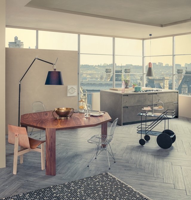 Boende lägenhet lägenhet panoramautsikt möbler hemmakontor design träbord