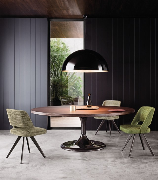 matsal idéer-möbler-runt bord-vintage-stolar-hängande-lampa-krom