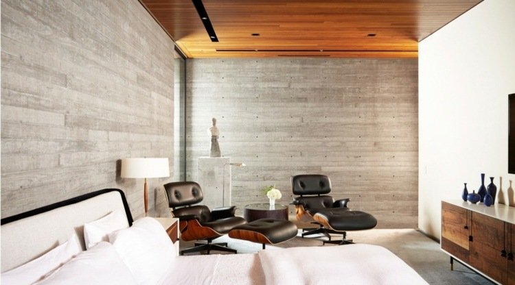 trä tak sovrum-betong-vägg design-modern-fåtölj-säng