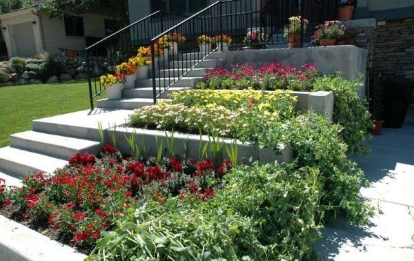 gården planerar betong trappor blomkrukor