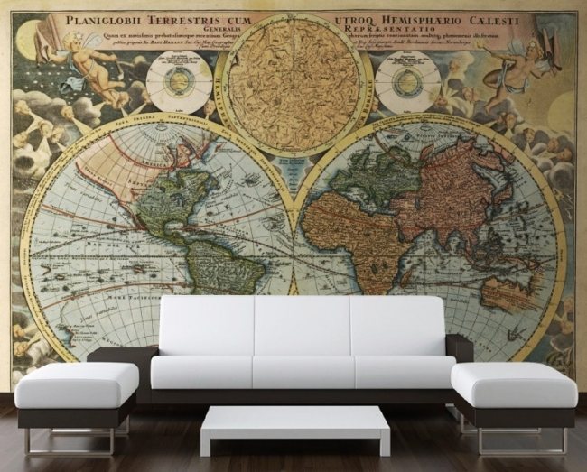 Vit soffuppsättning världskarta väggdesignidéer retro tapeter