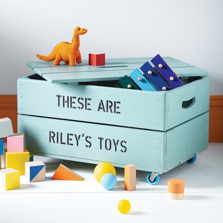 Förvaring av leksaker låda-trä-personliga-hjul-blå