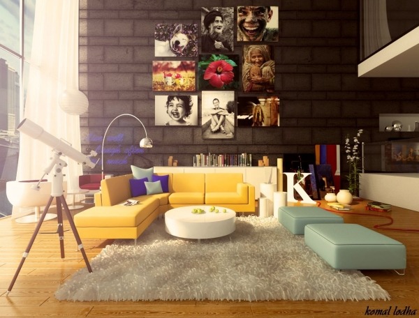 Komal Lodh-färgglada vardagsrum-designmöbler gul soffa