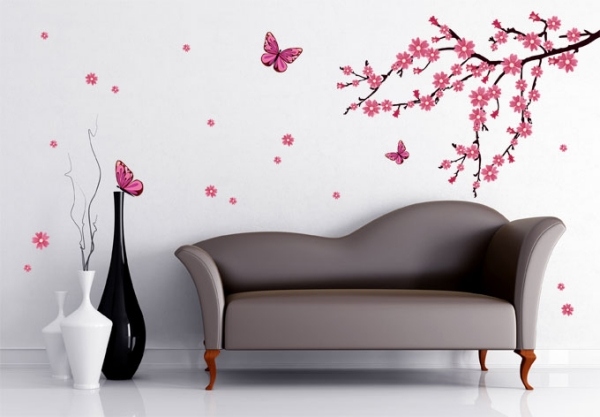 Väggdekor fjärilar-körsbärsblommor rosa