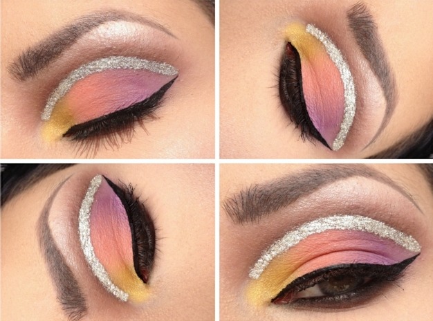Eyeliner direkt över fransarna rosa gul lila exotiska makeup-idéer