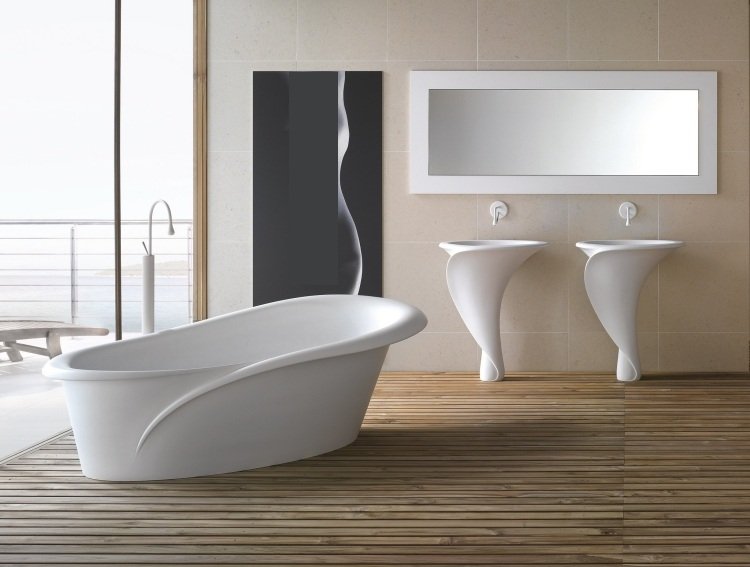 handfat-badrum-design-innovativt-fristående-badkar-trä-golv-tvätt-konsol-dubbel