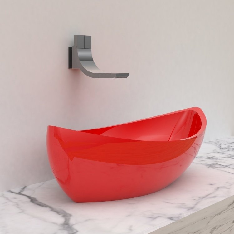 tvättställ-badrum-design-innovativ-skål-röd-organisk-formad kran