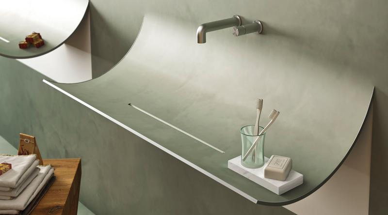 tvättställ-badrum-design-innovativ-vägg-färg-gips-grön-grå-armaturer-minimalistisk hud