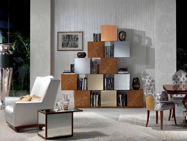 Fristående bokhylla-Mondrian spegeldörrar massivt trä spegelvägg