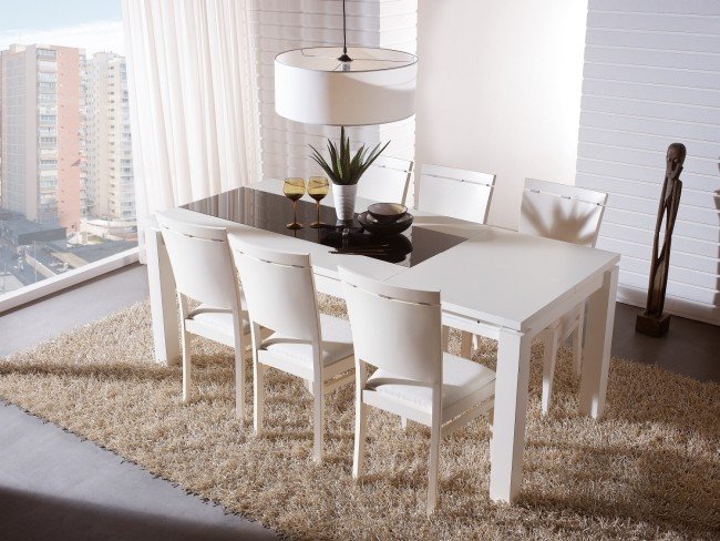 Matsal matbord-vit utdragbar glasskiva matta-fluffig hängande lampa