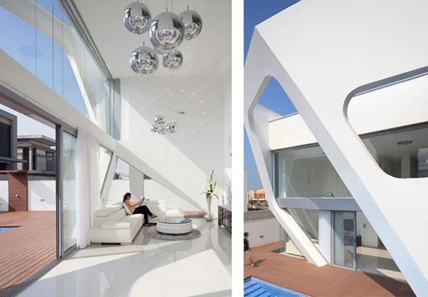 Modern villa med glasfronter inomhus-utomhus terrass