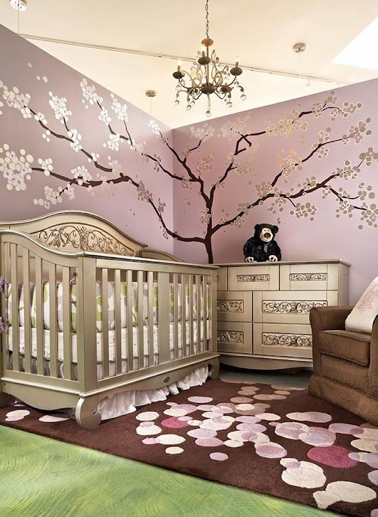 baby plantskola lila väggfärg silver träd