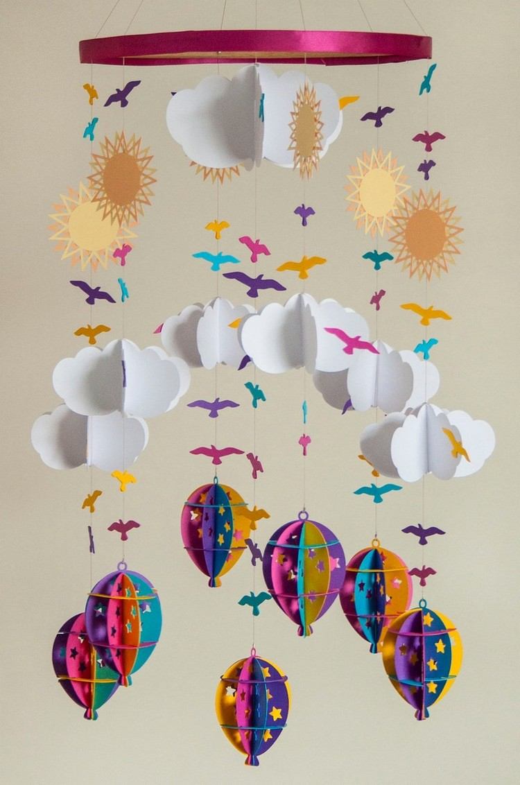 baby-mobil-gör-det-själv-pyssel-papper-moln-varmluftsballonger-sol-fåglar