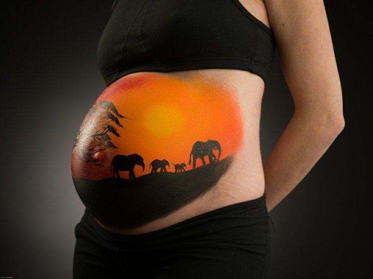 måla babybump afrika-motiv-silhuett-elefant-solnedgång-orange