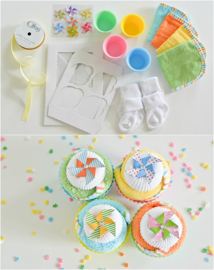 Babypresenter till födelsematerialet-babysockor-tvättlapp-tårtor