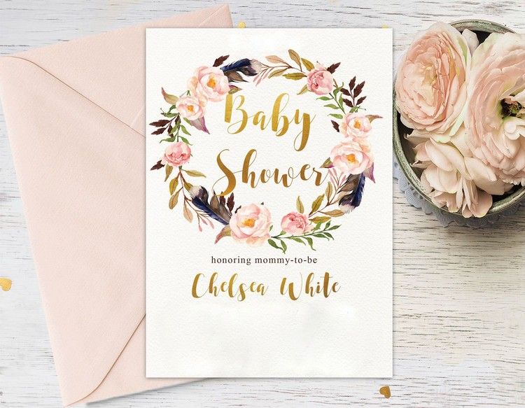 baby shower inbjudan idéer boho stil blommönster blommig krans