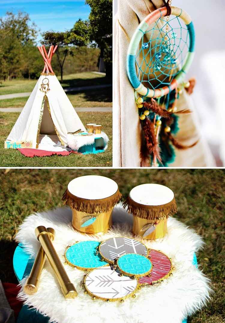 boho baby shower dekoration trädgård teepee tält drömfångare trummor tamburiner
