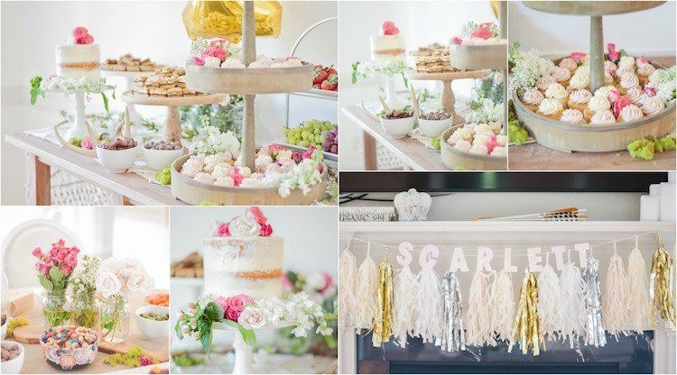 baby shower dekoration boho stil tofs krans naken tårta cupcakes
