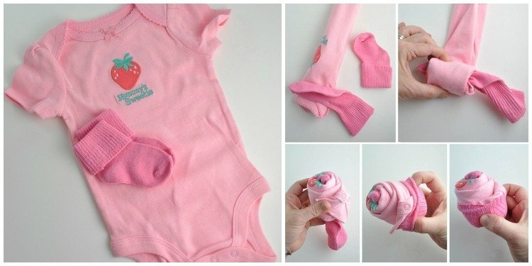 Baby shower presenter instruktioner-cupcake-rosa-rompers-gör-det-själv-baby-strumpor-flickor