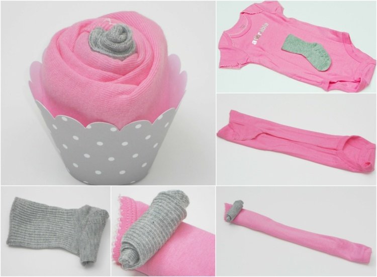 Babyduschgåvor cupcakes-gör-det-själv-foermchen-rosa-trumpet-baby-strumpor-rulla upp