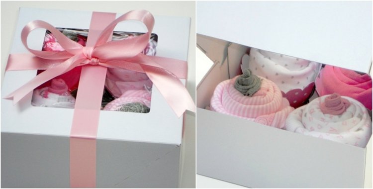 Baby shower-gåvor-cupcakes-box-gör-det-själv-ljusgrå-rosa-romper kostymer-baby strumpa-rosett