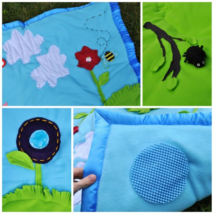 Baby shower-gåvor-lek-filt-sy-det-själv-idé-färgglada-blå-blommor-plast-folie-skalbagge-3D