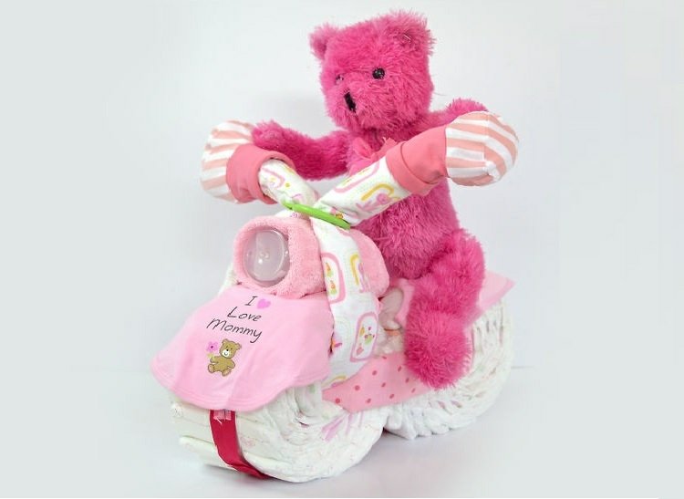 Babyshower-gåvor-blöja-figur-rosa-motorcykel-gör-det-själv-gosiga-bebis-kläder-tjejer