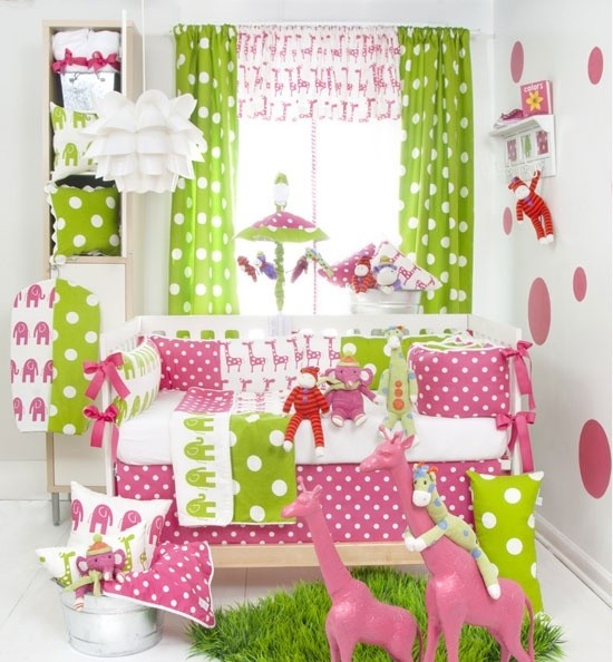 Barnrum grön rosa-uppsättning idéer-gardiner spjälsäng