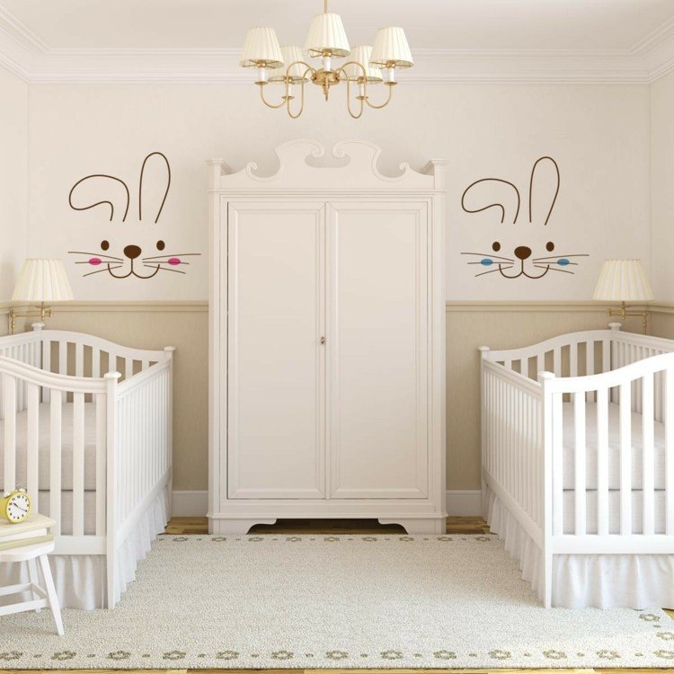 babyrum för tvillingar enkel-romantisk-vintage-flicka-väggmålningar-kanin-garderob