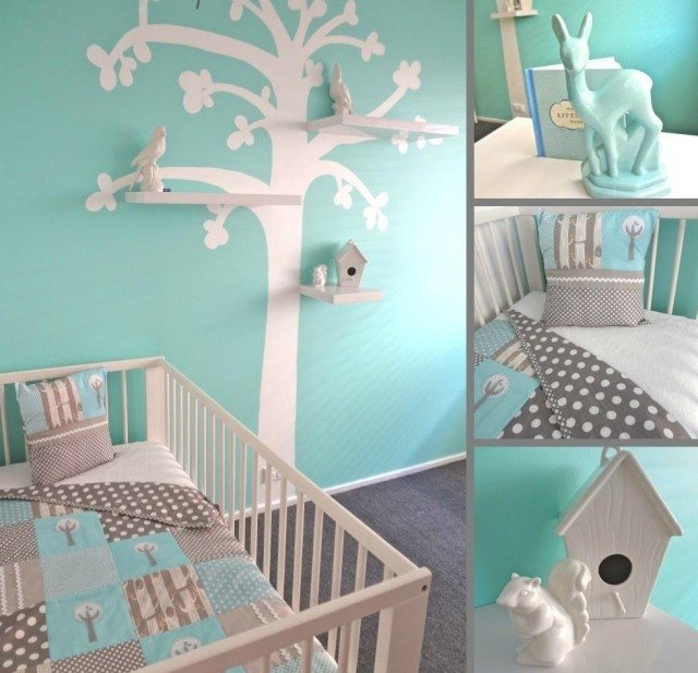 babyrum-design-aqua-blå-grå-vägg-design-träd-stencil-hyllor
