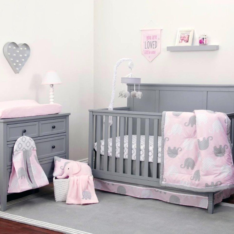 baby rum grå rosa vit grå möbler set led dekoration vägg hjärta