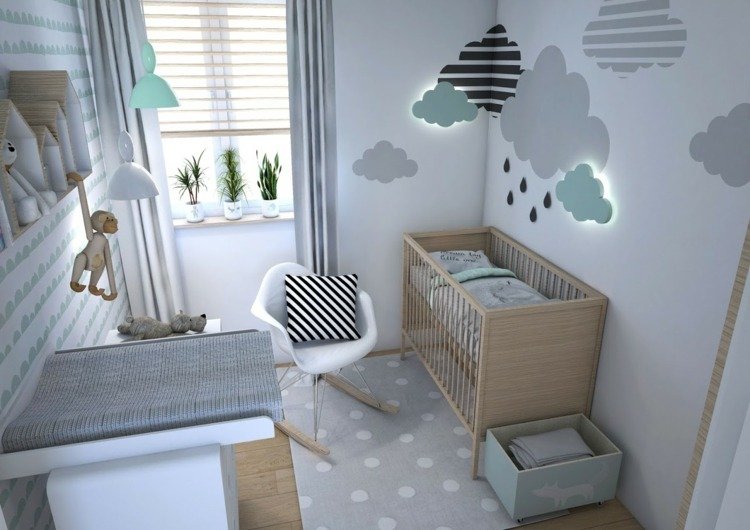 modernt babyrum i mynta och grå attraktiv väggdekoration matta prickigt skötbord