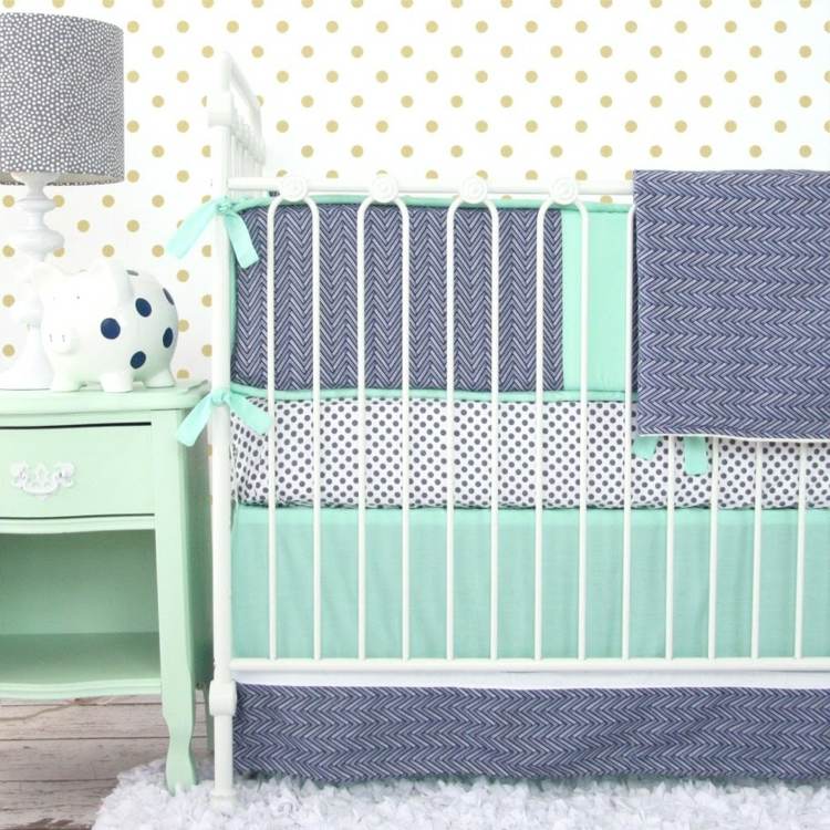 senap mintblå grå textilmönster säng säng barnrum