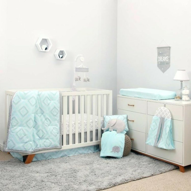 baby room mint grå tillbehör sängkläder matta skötbord matta