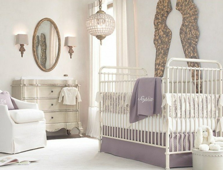 Babyrum-vit-lavendel-vägg design-idéer-moderna