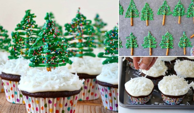 bakning-jul-jul-träd-inramning-glasyr-salt-pinnar-cupcakes