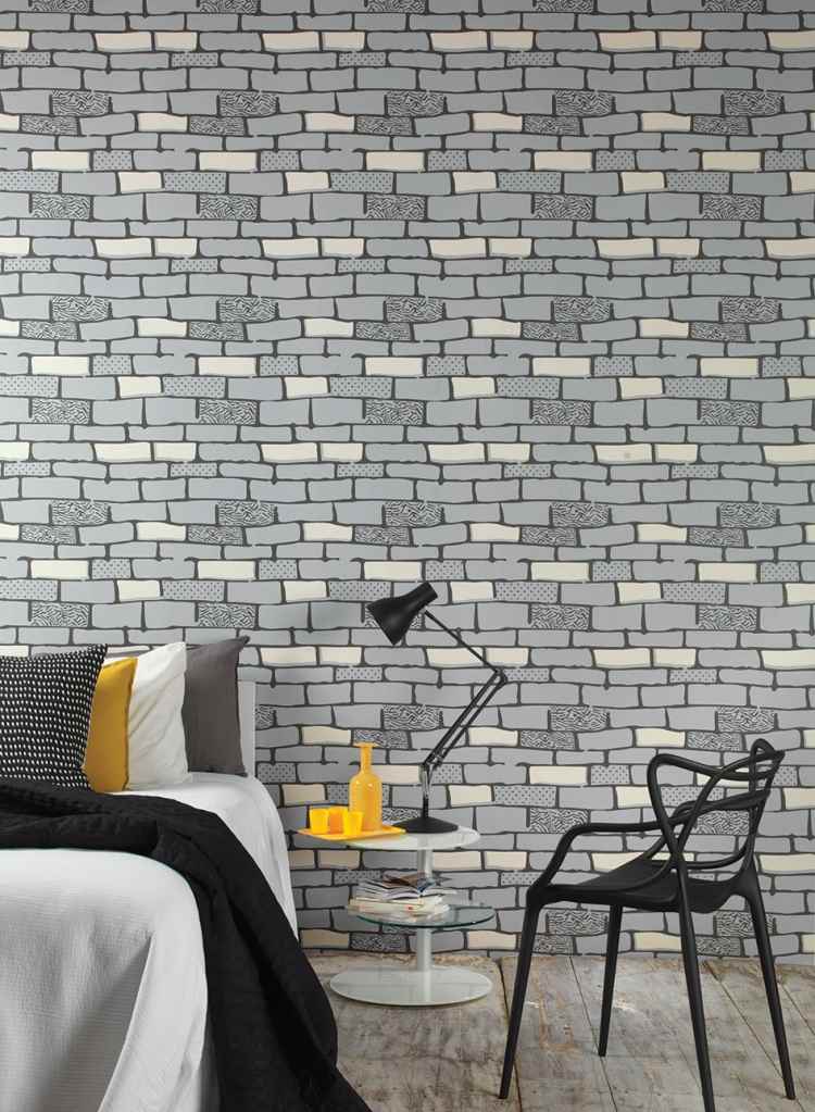 tegel-tapet-vägg-design-grå-grafisk-representation-sovrum-modern-sängbord-design-svart