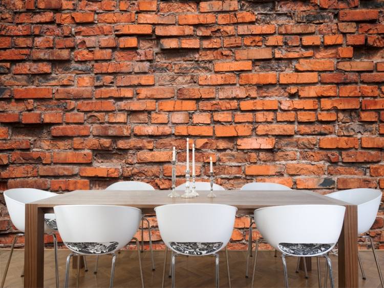 tegel-tapet-vägg-design-röd-matsal-matsal-bord-moderna-stolar-skal